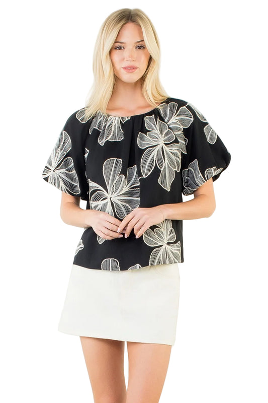 THML Black Embroidery Puff-Sleeve Top