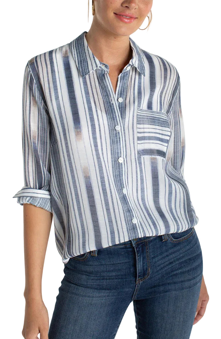 Beachy Lightweight Button Up Blue Stipe top - 606River