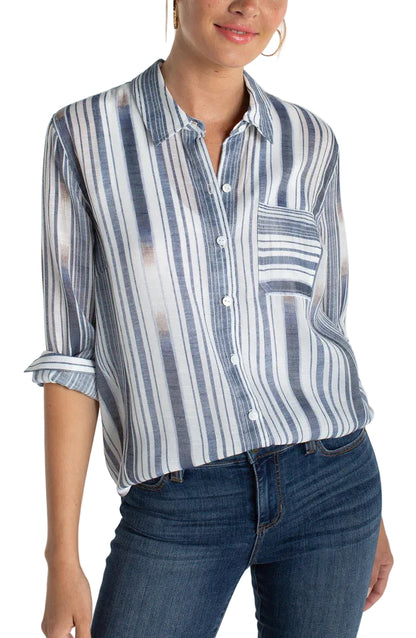 Beachy Lightweight Button Up Blue Stipe top - 606River