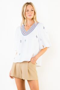 Embroidered Sail Boat Top with Puff Sleeves