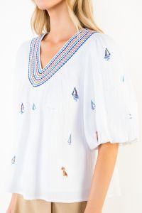 Embroidered Sail Boat Top with Puff Sleeves