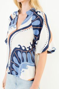 Abstract Print Top with Puff Sleeves