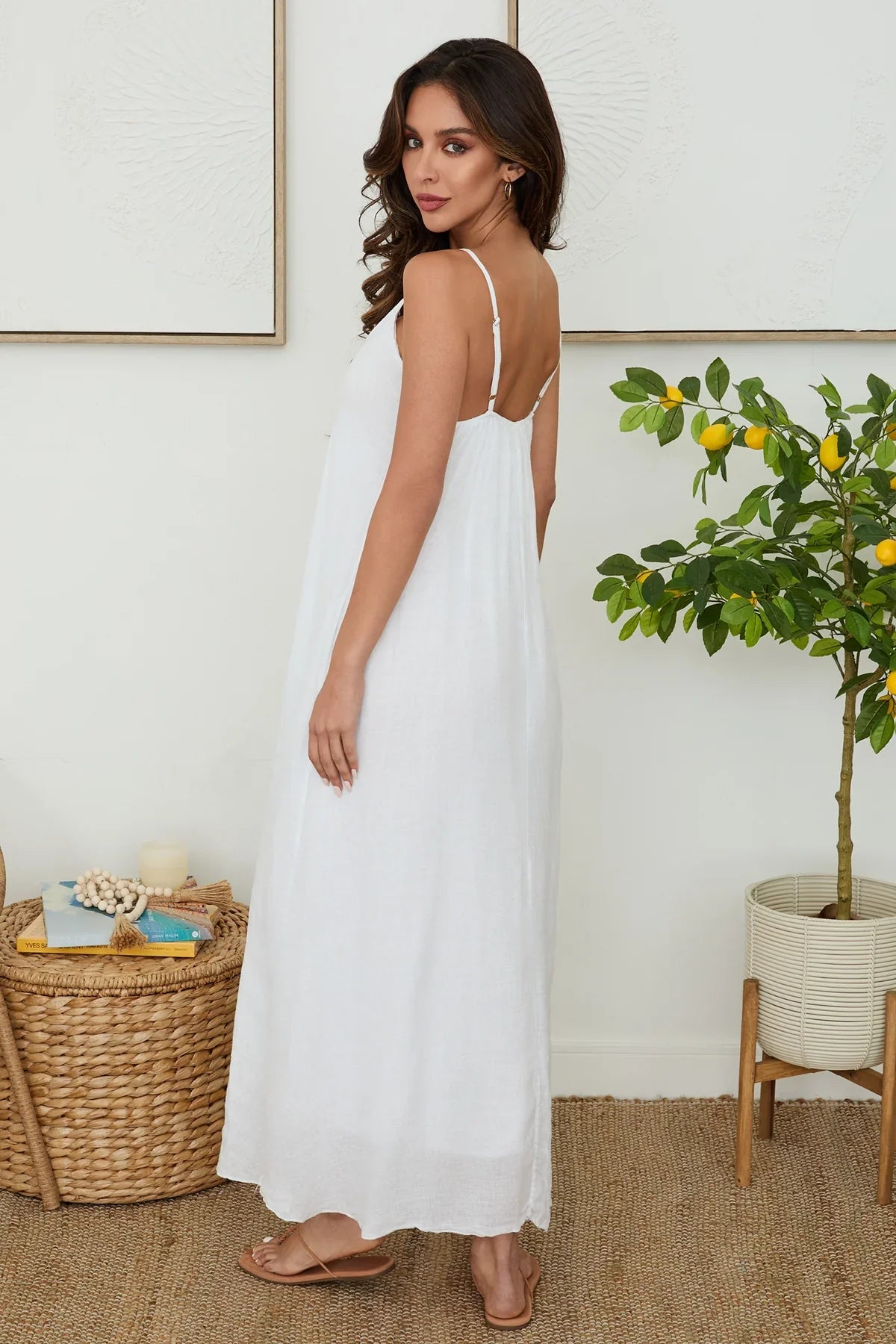 MILIO LINEN WHITE SPAGHETTI STRAP MAXI DRESS - 606River