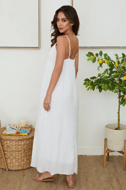 MILIO LINEN WHITE SPAGHETTI STRAP MAXI DRESS - 606River