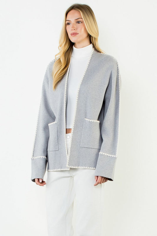 Embroidered Cardigan with Patch Pockets