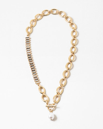 Gold Link Clear Stone Pearl Accent Statement Necklace