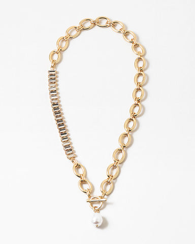 Gold Link Clear Stone Pearl Accent Statement Necklace
