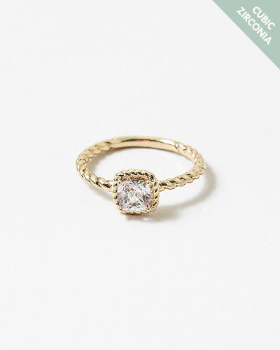 Gold Twist Band Cubic Zirconia Square Stone Ring